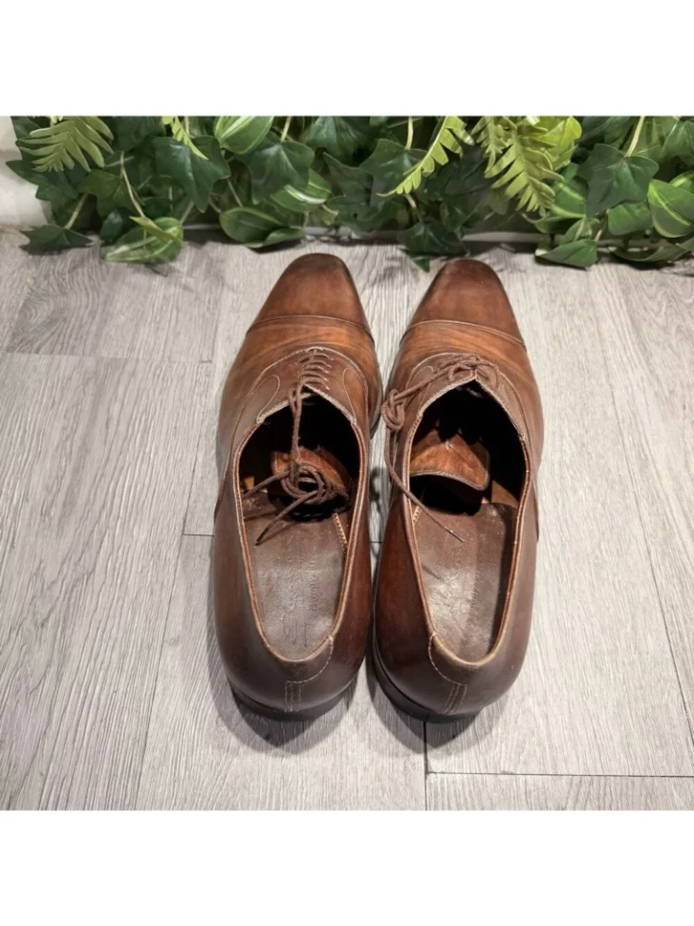 Santoni Men’s Polished Brown Leather Oxford Cap Toe Shoe Size 12